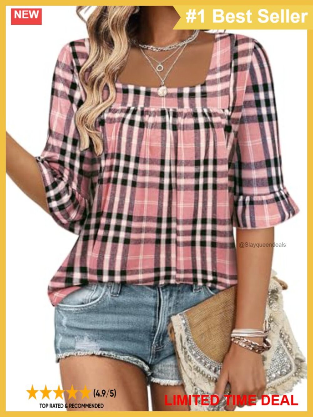 Womens 3/4 Sleeve Square Neck Ruffle Ruffle Sleeve Tunic Blouse